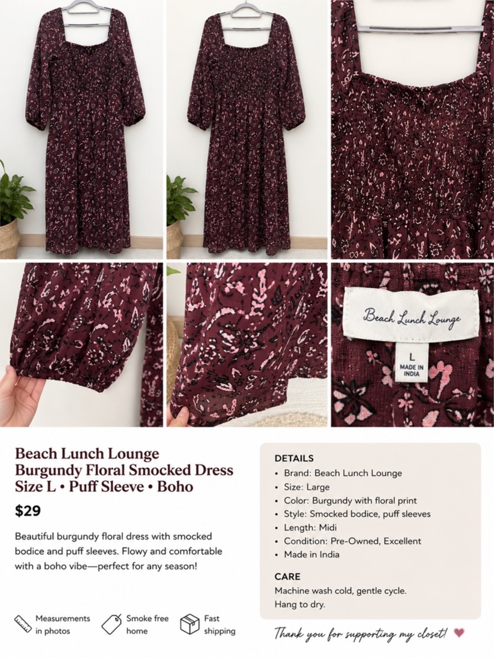 Beach Lunch Lounge Burgundy Floral Smocked Dress Size L Puff Sleeve Boho